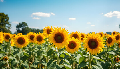 Fototapeta premium Sonnenblumenfeld in Brandenburg unter blauem Himmel