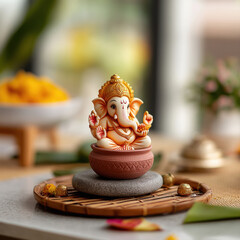 A beautifully decorated living room scene where Lord Ganesha is the focal point.