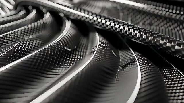 Close-up of curved carbon fiber surfaces with textured patterns and reflective highlights showcasing modern industrial composite material design

