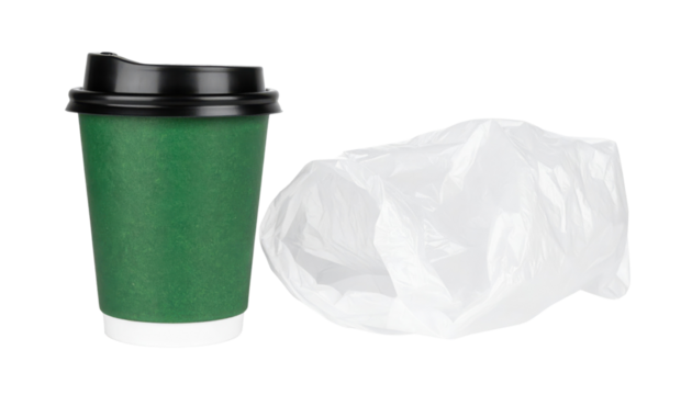 A green disposable coffee cup with a black lid next to a crumpled white plastic bag.