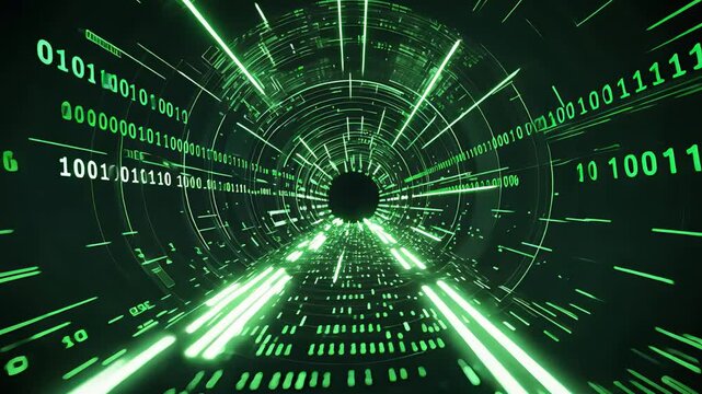 Glowing green binary code tunnel with streaming digital numbers and futuristic light trails creating a sense of motion in a cyber data vortex

