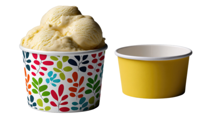 Sweet Serenity: A vibrant, multi-colored cup overflows with creamy scoops of ice cream next to a yellow cup, evoking pure, cool satisfaction on a hot day.