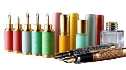 Elegant Stationary Array: A sophisticated collection of pens and bottles, showcasing their artistic flair and premium quality.