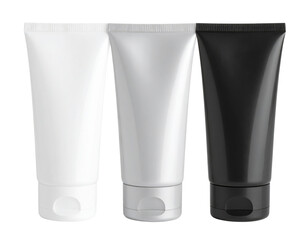 Three plastic cosmetic tubes with flip-top caps arranged side by side.