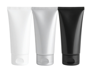 Three plastic cosmetic tubes with flip-top caps arranged side by side.