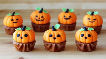 Pumpkin Cupcakes on Wood.