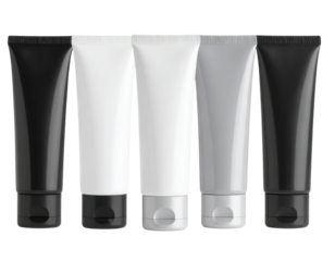 Five cosmetic tubes arranged side by side with varying shades from black to white.