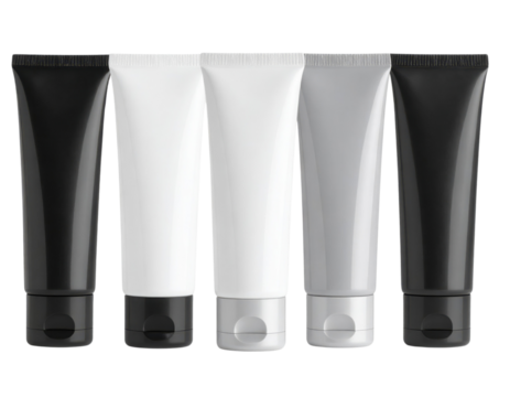 Five cosmetic tubes arranged side by side with varying shades from black to white.