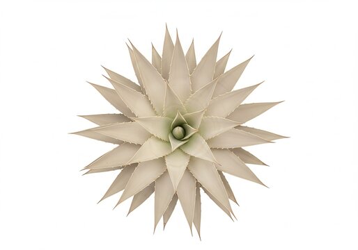 Overhead view of a pale green agave plant with pointed leaves arranged in a symmetrical rosette pattern