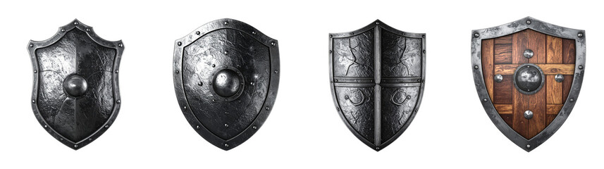 Fototapeta premium Collection of Medieval Metal and Wooden Shields Isolated on Transparent Background