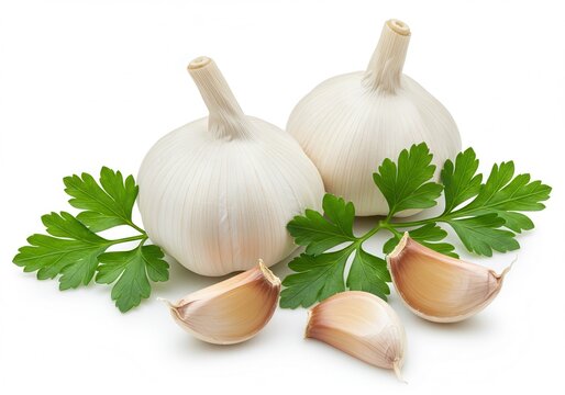 Two whole garlic bulbs and three cloves with fresh parsley sprigs on a white surface
