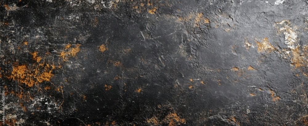 Poster dark, textured surface with gold accents: a detailed image of a rough, black stone or metal backgrou