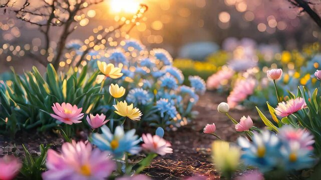 Beautiful spring flowers blooming in a vibrant garden at sunset