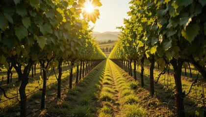 Naklejka premium sunlight filtering through vineyard leaves