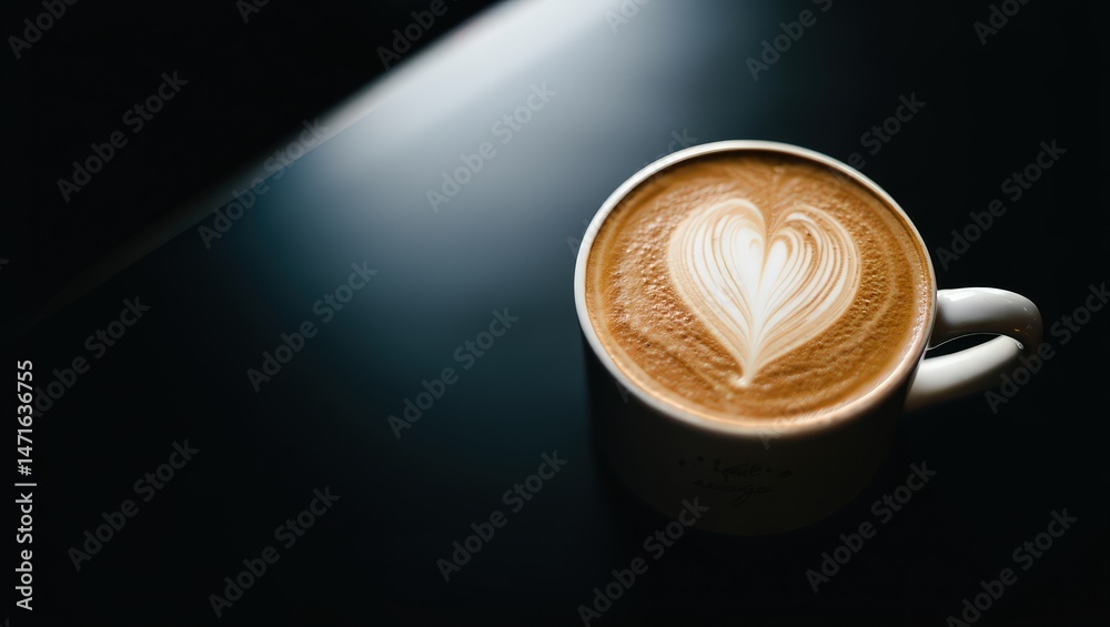 Poster a cup of coffee with a heart design in the foam on a black surface.