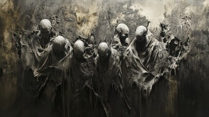 A dark, textured art piece of figures.