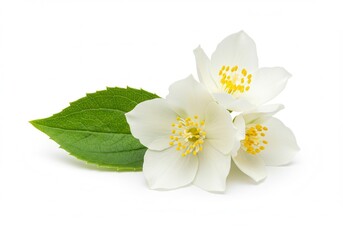 Obraz premium Close-up of three jasmine flowers with a green leaf on a white background showing the delicate petals and yellow centers