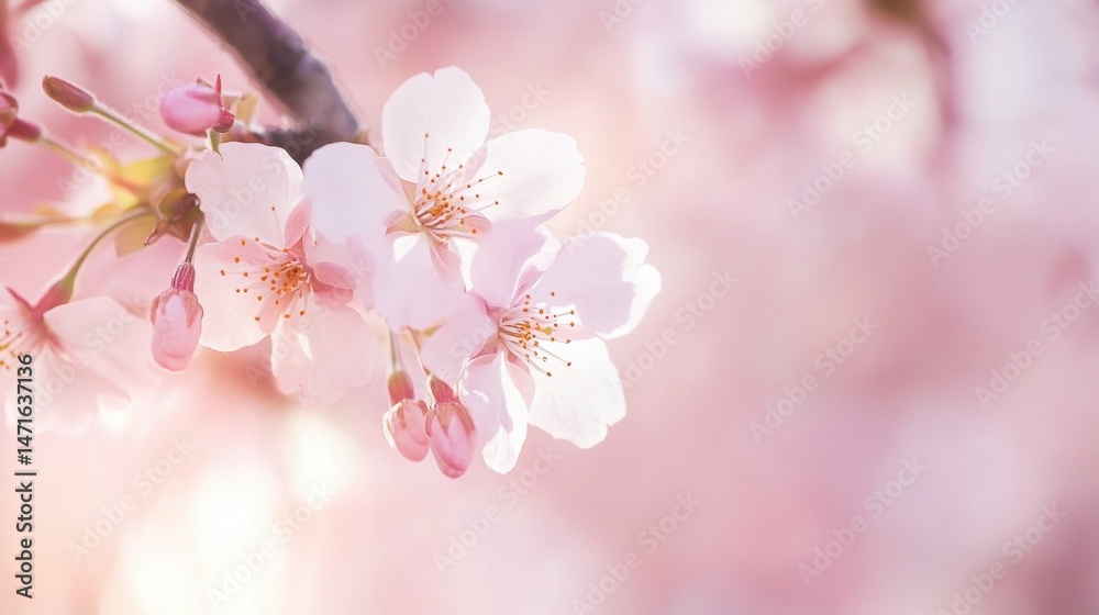 Poster delicate pink cherry blossoms on a branch, bathed in soft sunlight, creating a serene and peaceful s