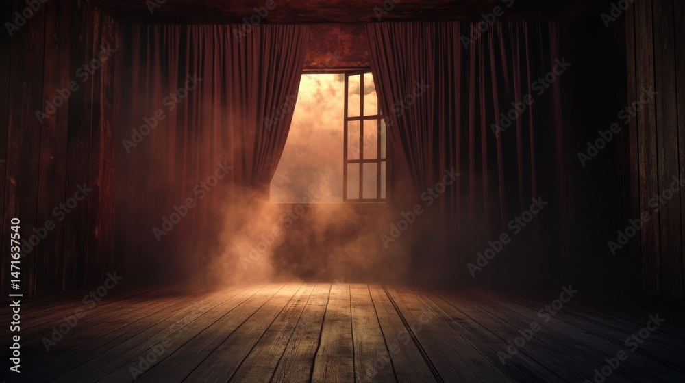Poster mysterious, dimly lit room with dark red curtains framing an open window revealing a hazy, orange sk