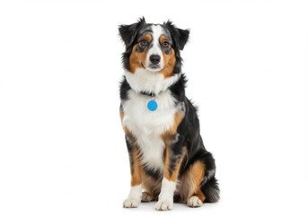 Obraz premium Australian shepherd dog sitting attentively on a white background wearing a blue identification tag