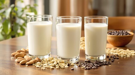 Selection of different plant based non dairy alternative vegan milk options shown in glasses with source ingredients