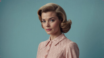 A poised woman with classic 1950s hairstyle and pastel pink dress poses against a soft blue background. Her serene expression and elegant look reflect timeless femininity and retro charm.