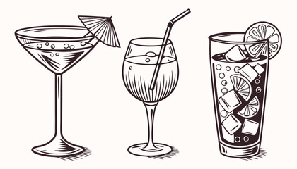 Hand-drawn collection of cocktails and drinks in various glass styles. Vintage ink sketch vector illustrations of classic alcoholic beverages.       