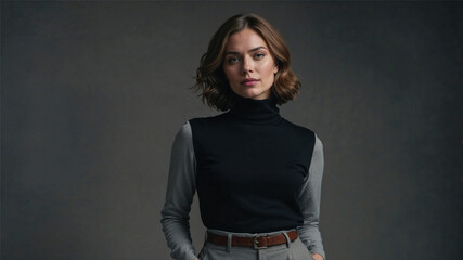 A stylish woman in a turtleneck and tailored outfit poses confidently in a dark studio. Her clean look, modern fashion, and calm demeanor reflect minimalist elegance and contemporary strength.