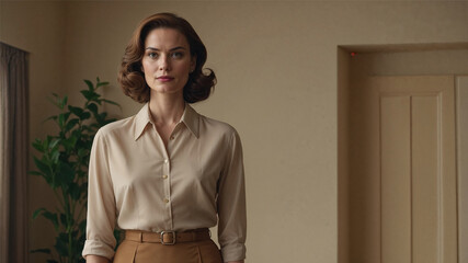 A poised woman in a beige blouse and brown skirt stands by a window in a softly lit vintage room. Her elegant 1950s hairstyle and neutral-toned outfit evoke timeless grace and sophistication.
