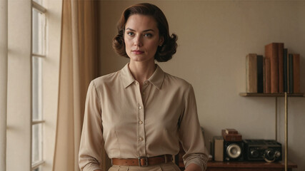 A poised woman in a beige blouse and brown skirt stands by a window in a softly lit vintage room. Her elegant 1950s hairstyle and neutral-toned outfit evoke timeless grace and sophistication.