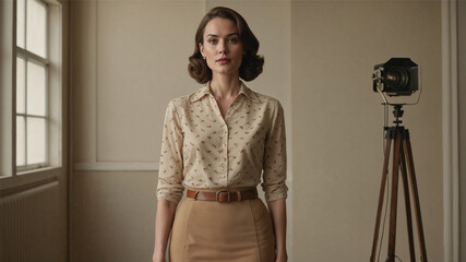 A poised woman in a beige blouse and brown skirt stands by a window in a softly lit vintage room. Her elegant 1950s hairstyle and neutral-toned outfit evoke timeless grace and sophistication.