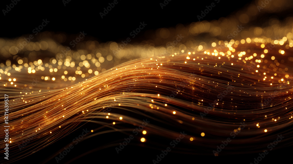 Poster abstract image of golden fiber optic strands, creating a flowing, wave-like pattern against a dark b