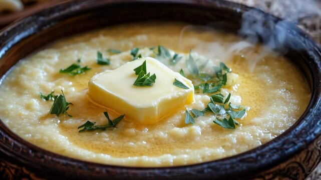 A bowl of hot creamy polenta topped with butter and herbs, steaming and freshly served.