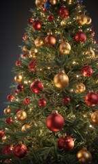 Vibrant baubles adorn a Christmas tree, encircled by a warm, glowing, bokeh-filled light show ,  joy,  abstract