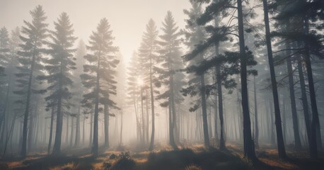 Obraz premium Sun-drenched misty pines, retro film grain effect, old, vintage, mist