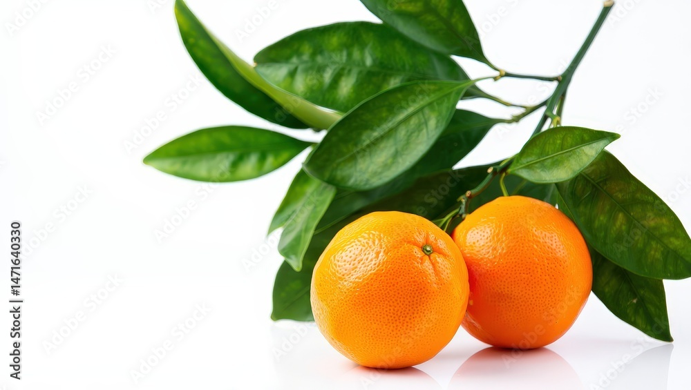 Poster two oranges on a branch of leaves.