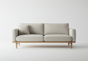 Two-seater sofa with light fabric upholstery and wooden legs against a bright white background in a studio setting