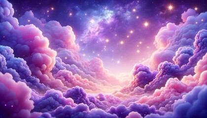 Fantasy Sky with Purple Cotton Clouds and Stars 3D Illustration