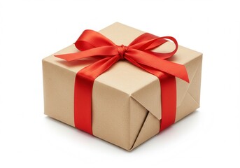 Obraz premium Square gift box wrapped in brown paper and tied with a bright red satin ribbon on a white background