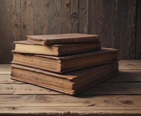 Three books, varying sizes, rest on aged wood ,  medium,  novel