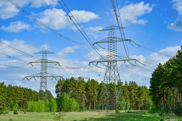 Power poles in spring on the field and meadow, Brandenburg, Germany