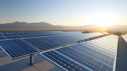 Large Solar Panel Farm Generating Clean Energy at Sunset sunset solar energy solar power solar farm