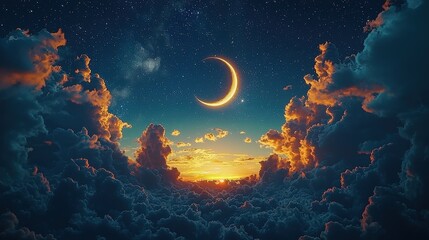 Fototapeta premium Enchanting crescent moon and fiery sunset amidst majestic nighttime clouds