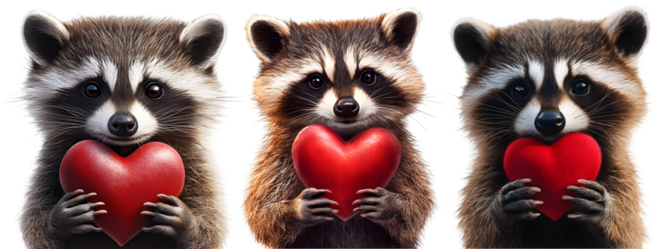 Set of cute raccoons holding red hearts for valentines day or romantic themes, isolated on transparent background

