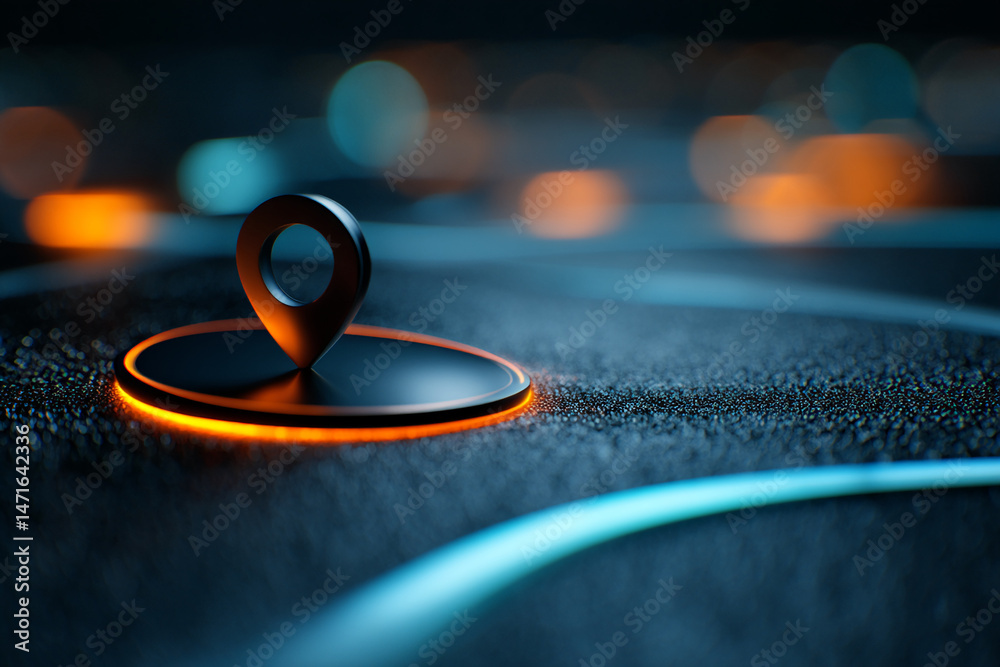 Poster dark metallic pin on a glowing orange circle, set against a dark textured background with blurred li