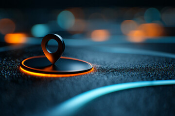 Dark metallic pin on a glowing orange circle, set against a dark textured background with blurred lights, symbolizing location, navigation, or a digital interface