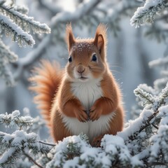 Tiny red squirrel covered in snow, sits amongst frosty branches , woods, frosty, photography