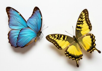 Obraz premium Two butterflies, one blue morpho and one yellow swallowtail, displayed against a white background