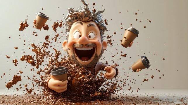 Joyful cartoon character experiencing a playful explosion of coffee and chocolate with cheerful expressions