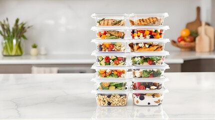 Many healthy prepared meals neatly stacked in clear food storage on a kitchen surface, ready for the week's planning, Healthy meal prep containers